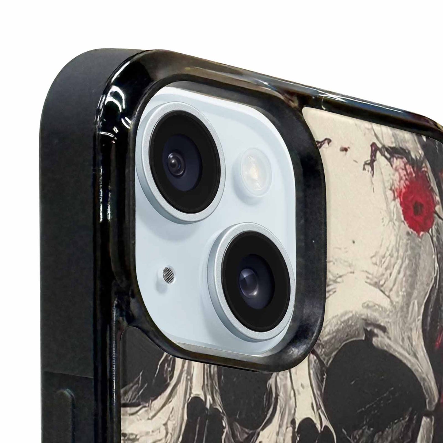 iPhone 15 Plus Case — Skull And Roses Black Red Ink, Custom Printed Phone Case
