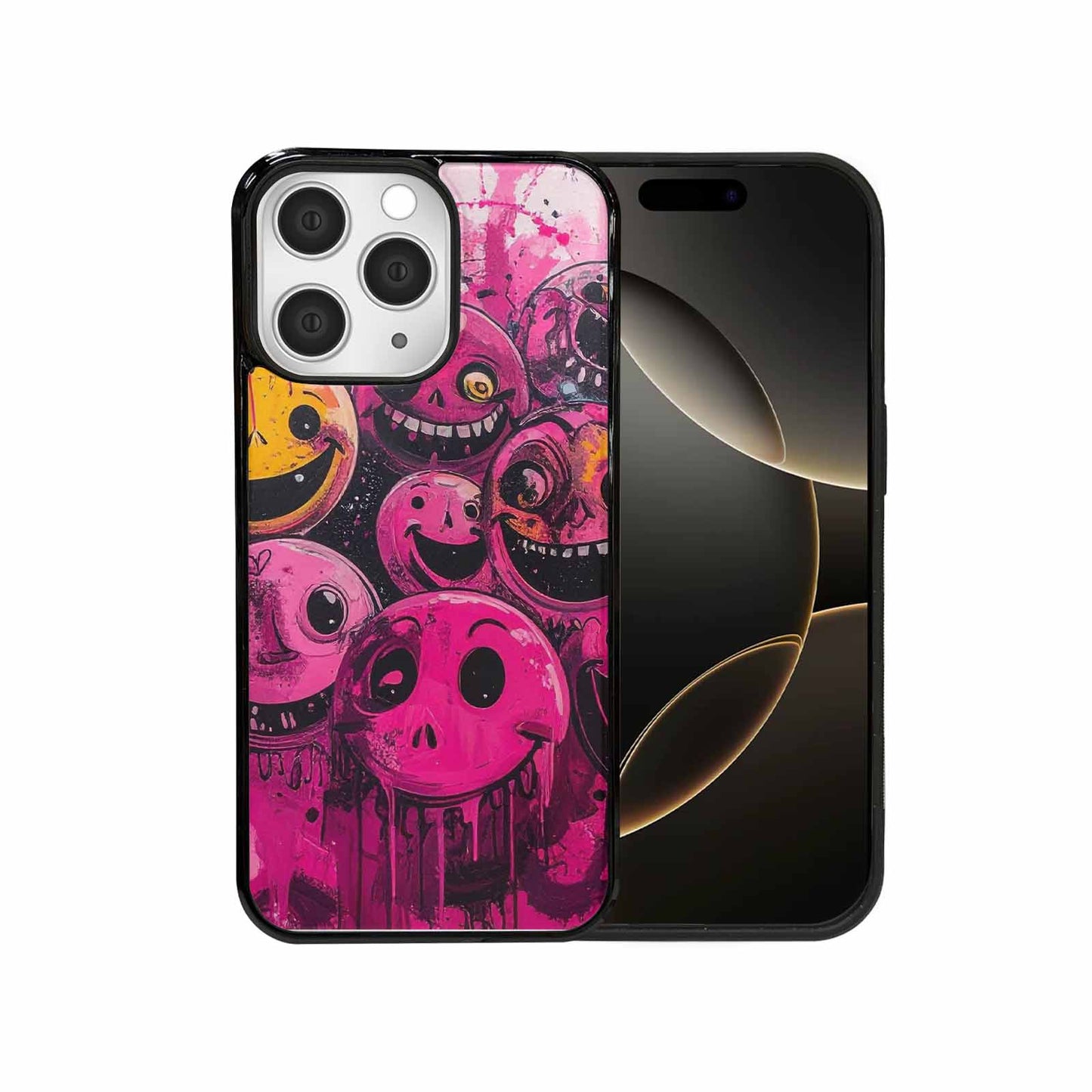 iPhone 15 Pro Max Case — Melting Moon Smiley Black Pink Ink, Custom Designed Case Cover