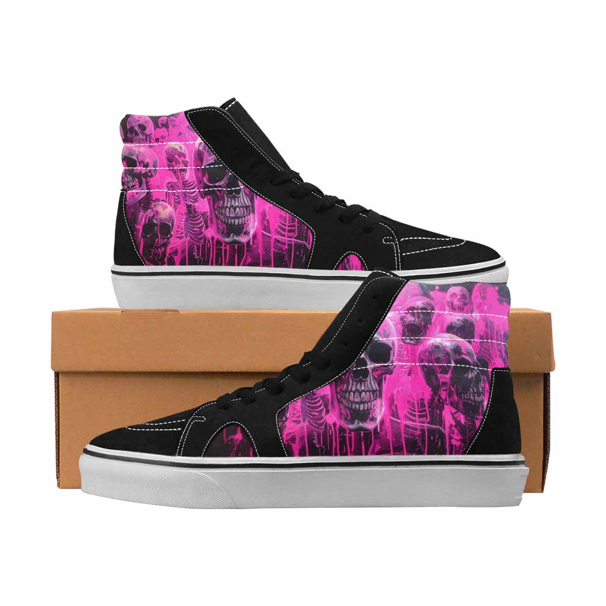 MEN'S Skulls Neon Pink Glow High Top Canvas Made To Order Wallpaper Art Custom Sneakers