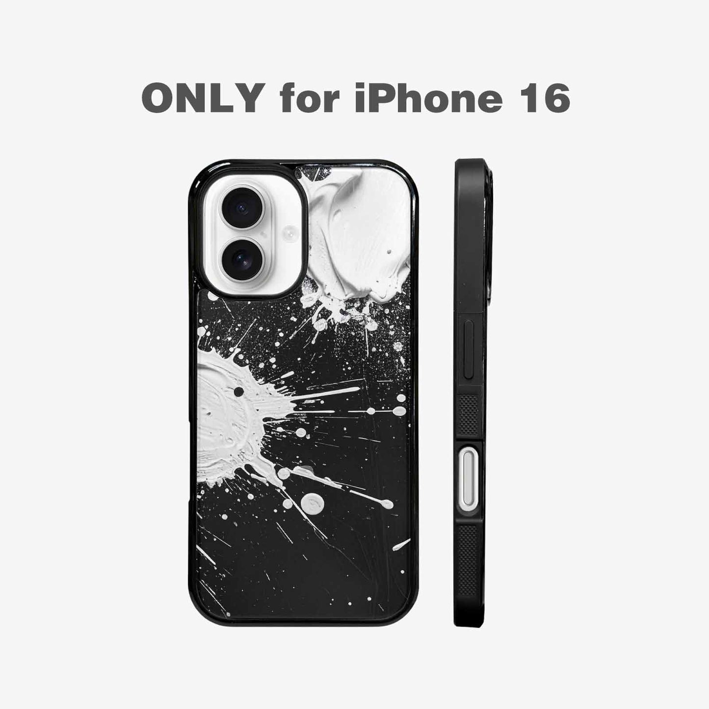 iPhone 16 Case — White Ink Splatter Texture On Black, Custom Made Phone Cover