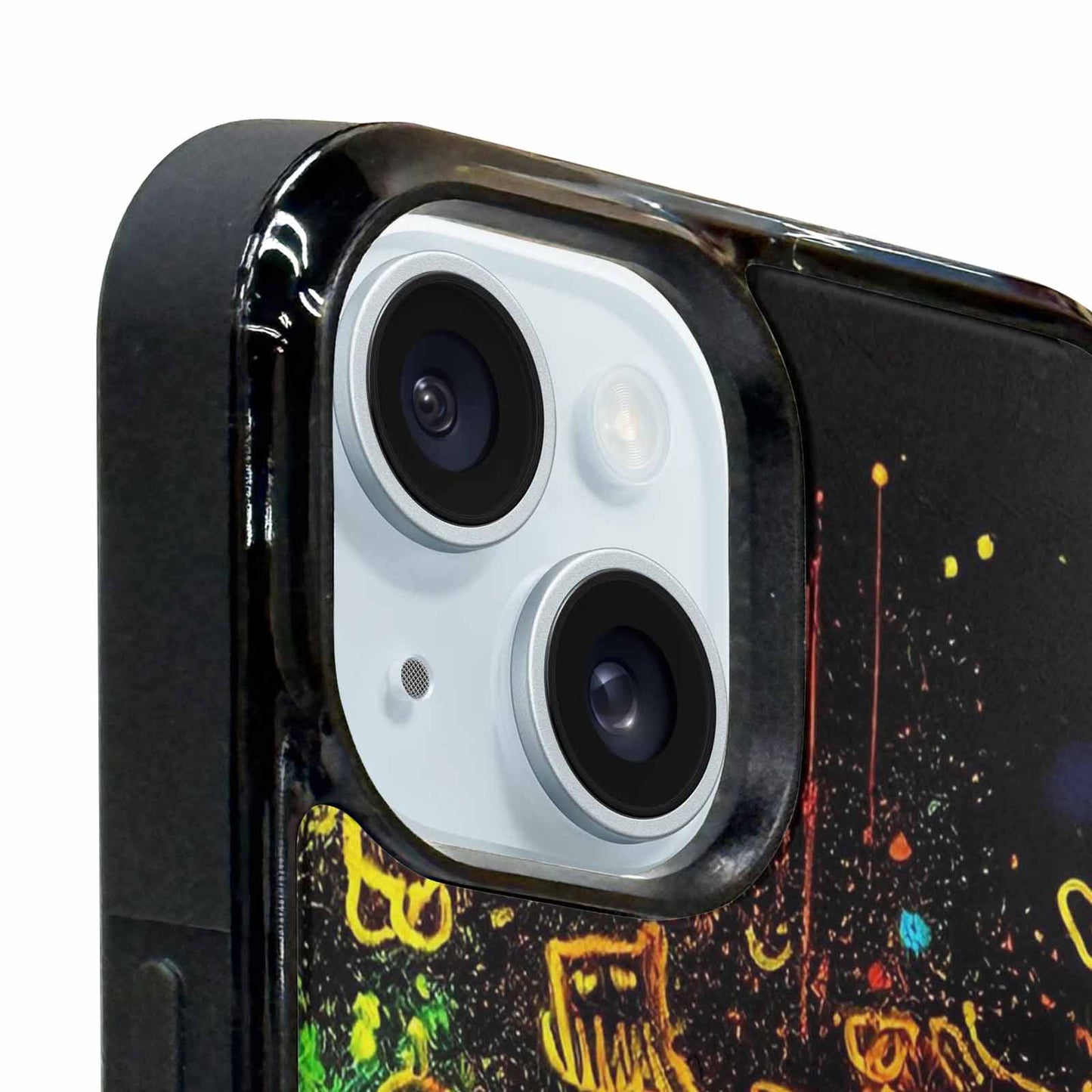 iPhone 15 Plus Case — Neon Glow Outline Icon Pattern Hundreds, Personalized Phone Case