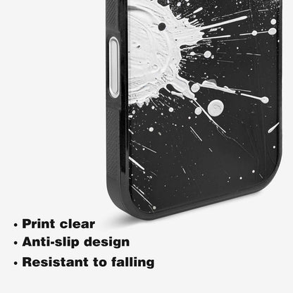 iPhone 16 Case — White Ink Splatter Texture On Black, Custom Made Phone Cover