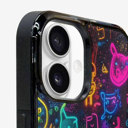 iPhone 16 Plus Case — Neon Glow Outline Icon Pattern Hundreds, Custom Printed Phone Case