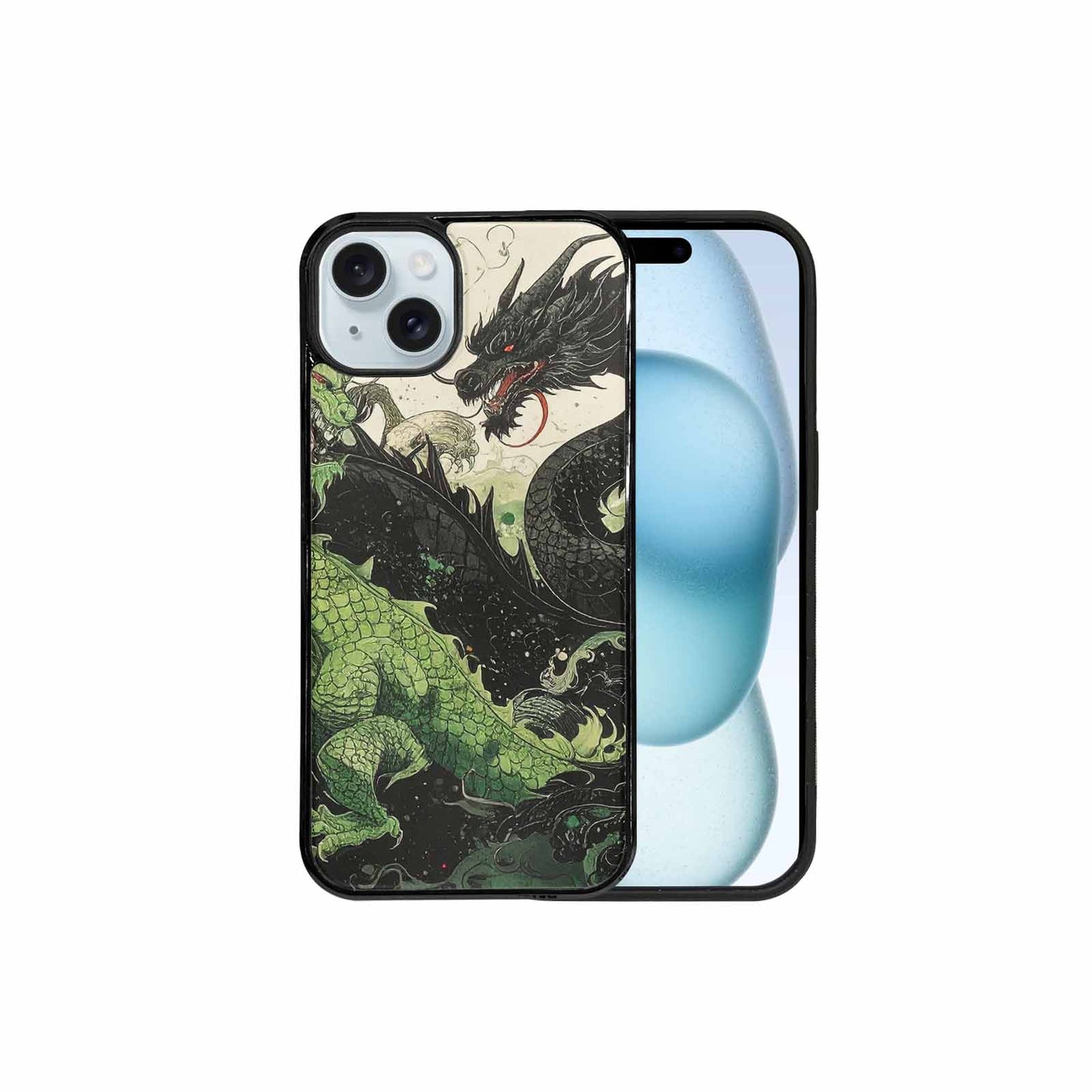 iPhone 15 Plus Case — Dragon Scale Black Green Ink Dragons, Custom Phone Case