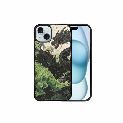 iPhone 15 Plus Case — Dragon Scale Black Green Ink Dragons, Custom Phone Case
