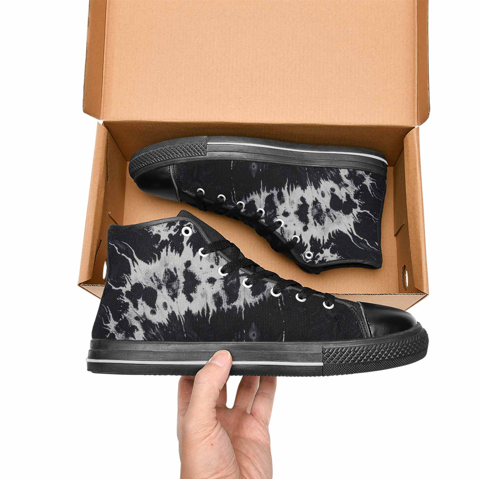 WOMEN'S Black White Animal Print High Top Canvas Wallpaper Art Sneakers