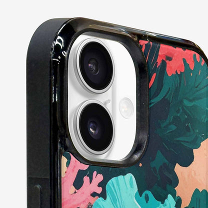 iPhone 16 Case — Camo Coral Turquoise, Custom Art Phone Cover