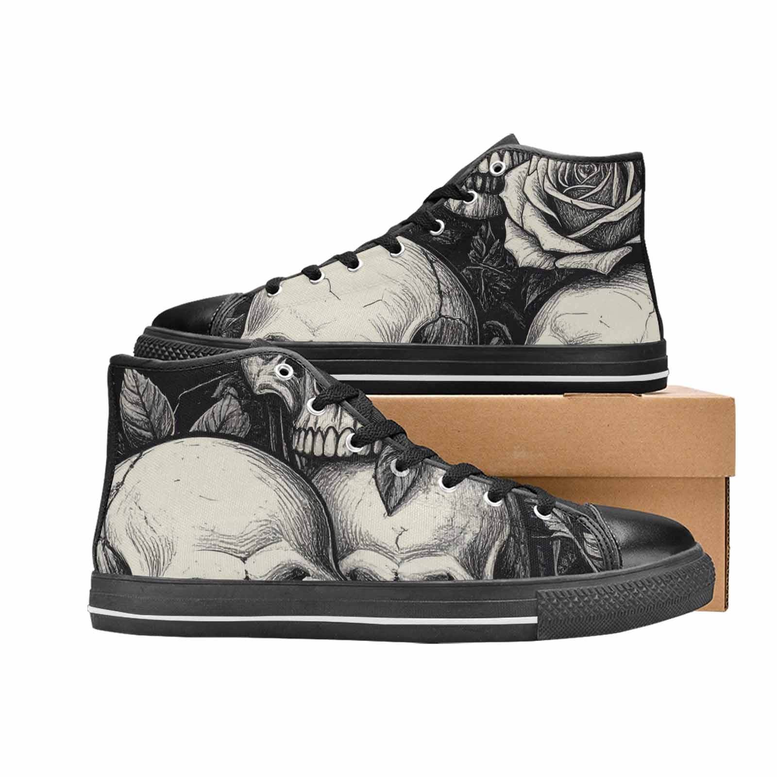WOMEN'S Skulls Roses Black Ink High Top Canvas Vivid Custom Sneakers