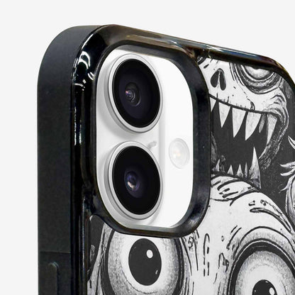 iPhone 16 Case — Black And White Monster Face Collage, Custom Printed Phone Case
