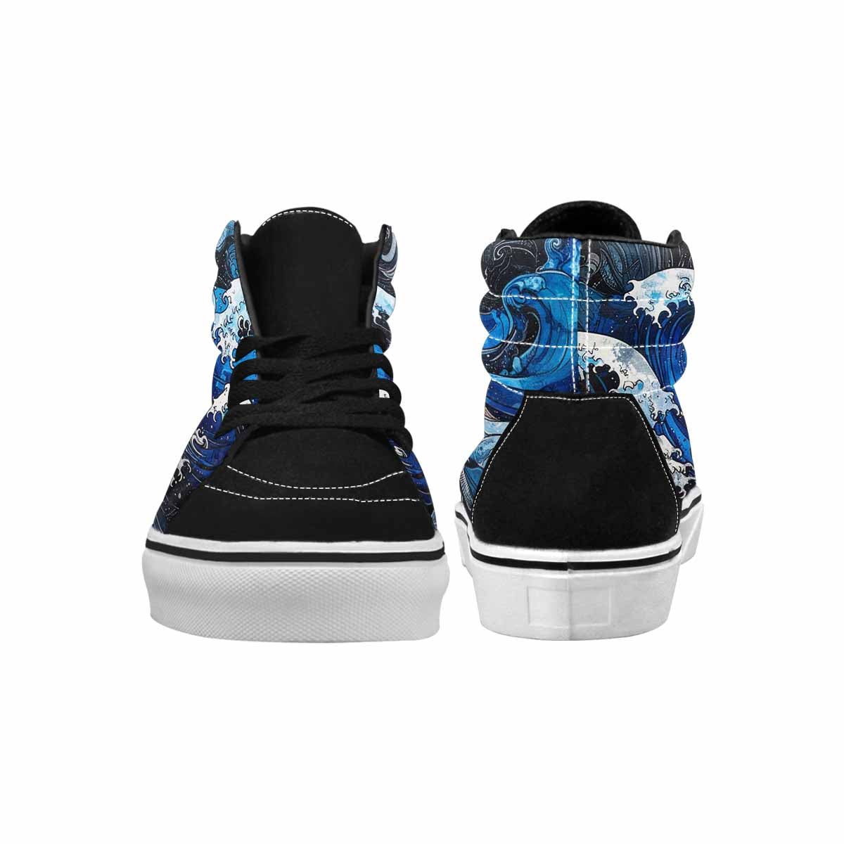 WOMEN'S Nautical Waves Black & Blue Ink High Top Canvas Bold Print Aesthetic Sneakers