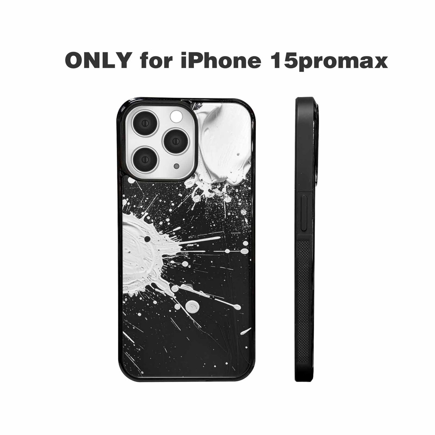 iPhone 15 Pro Max Case — White Ink Splatter Texture On Black, Custom Print Case Cover