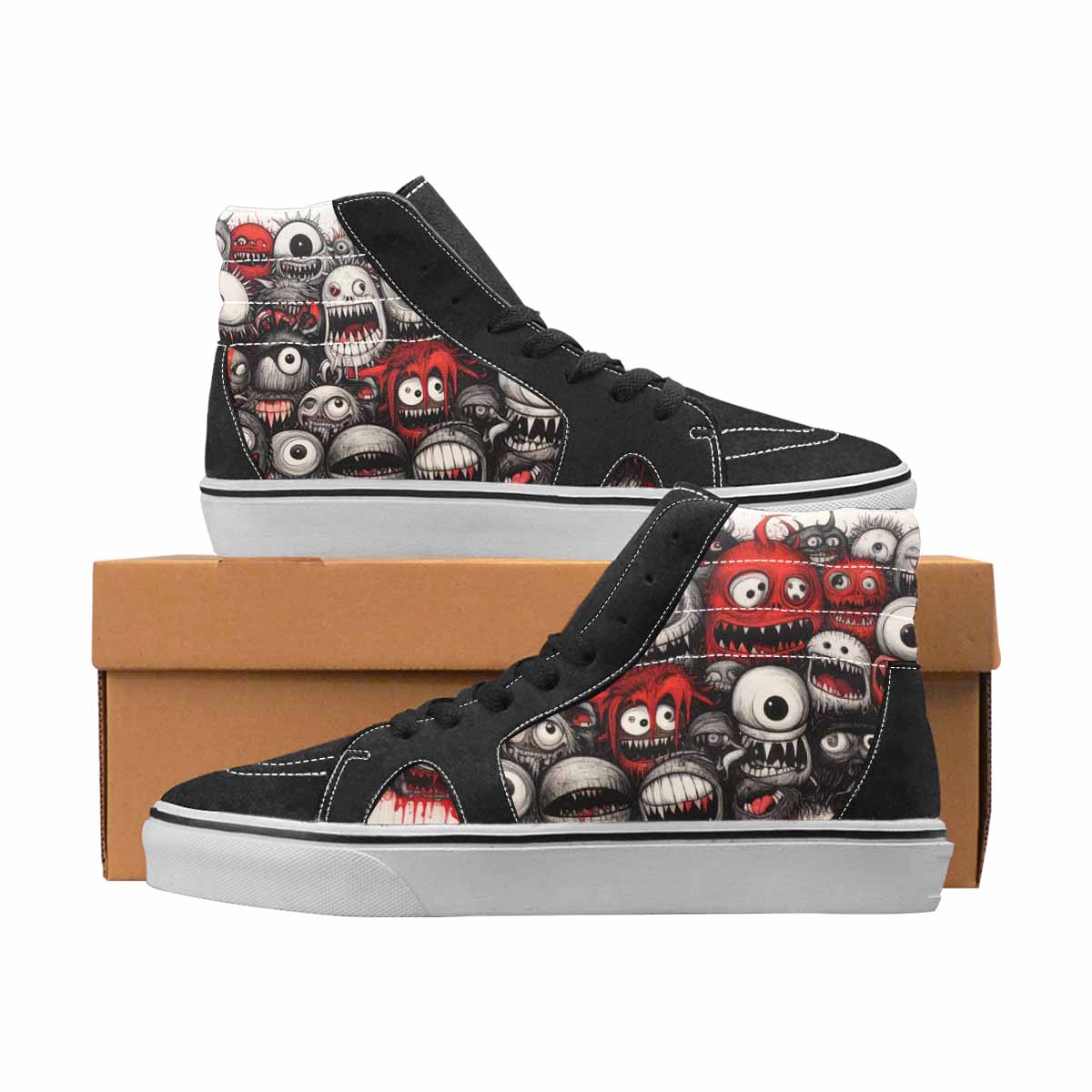 WOMEN'S Monsters Black & Red Ink High Top Canvas Custom Design Aesthetic Limited Edition Sneakers