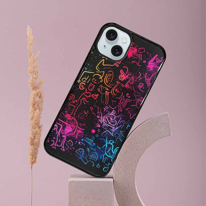 iPhone 15 Plus Case — Neon Glow Outline Icon Pattern Hundreds, Custom Print Case Cover