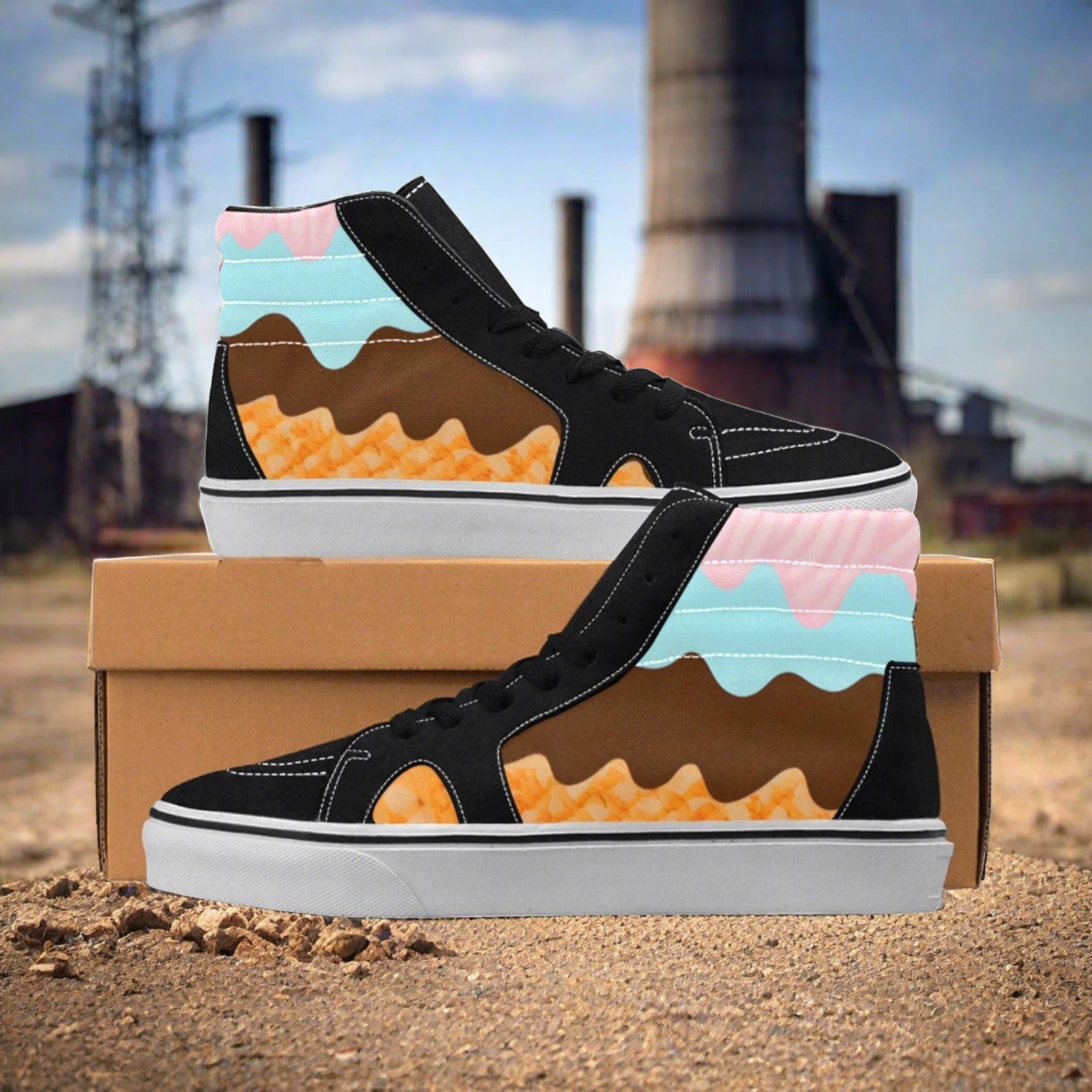 Men's Ice Cream Art Melting Waffle Ice Cream Cone hand-made high-top canvas shoes — unique wearable art by Freaky Shoes