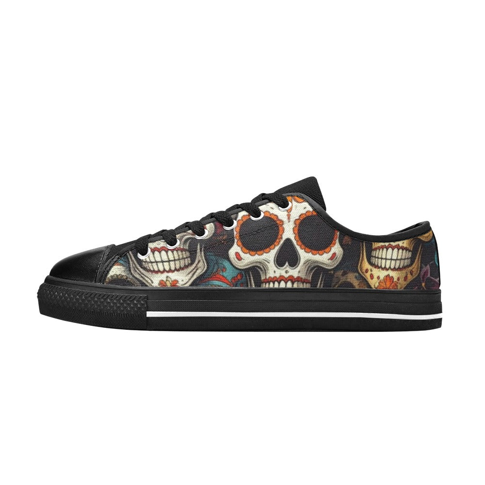 WOMEN'S Aggressive Comic Sugar Skull Low Top Canvas Wallpaper Art Custom Sneakers