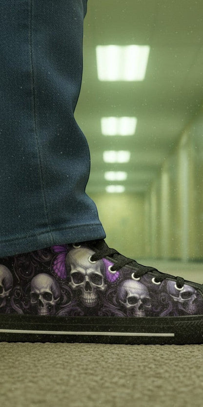 Men's Gothic Purple Butterfly Skull Art hand-made high-top canvas shoes — unique wearable art by Freaky Shoes