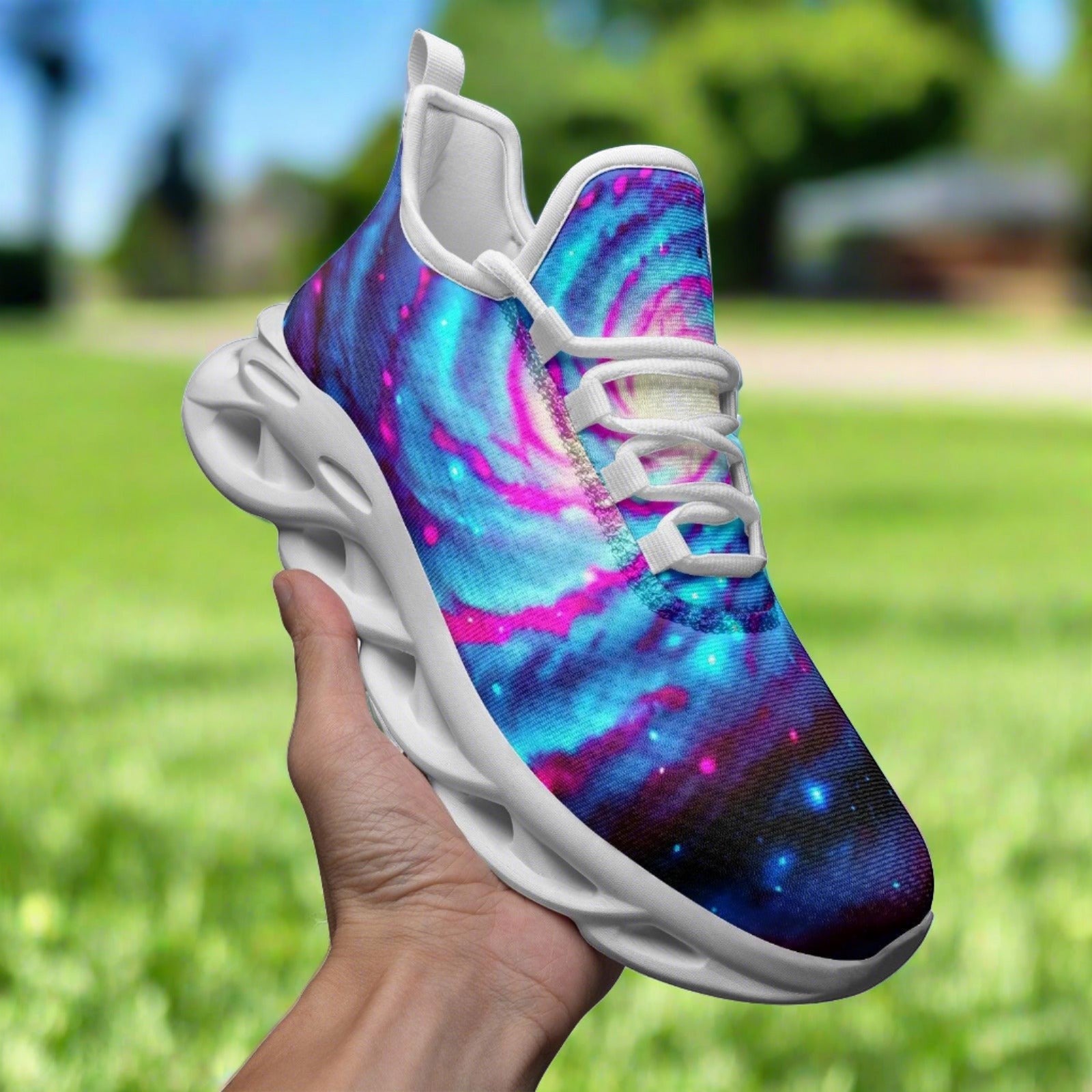 Galaxy Twist custom high-top canvas shoes — wearable art by Freaky Shoes