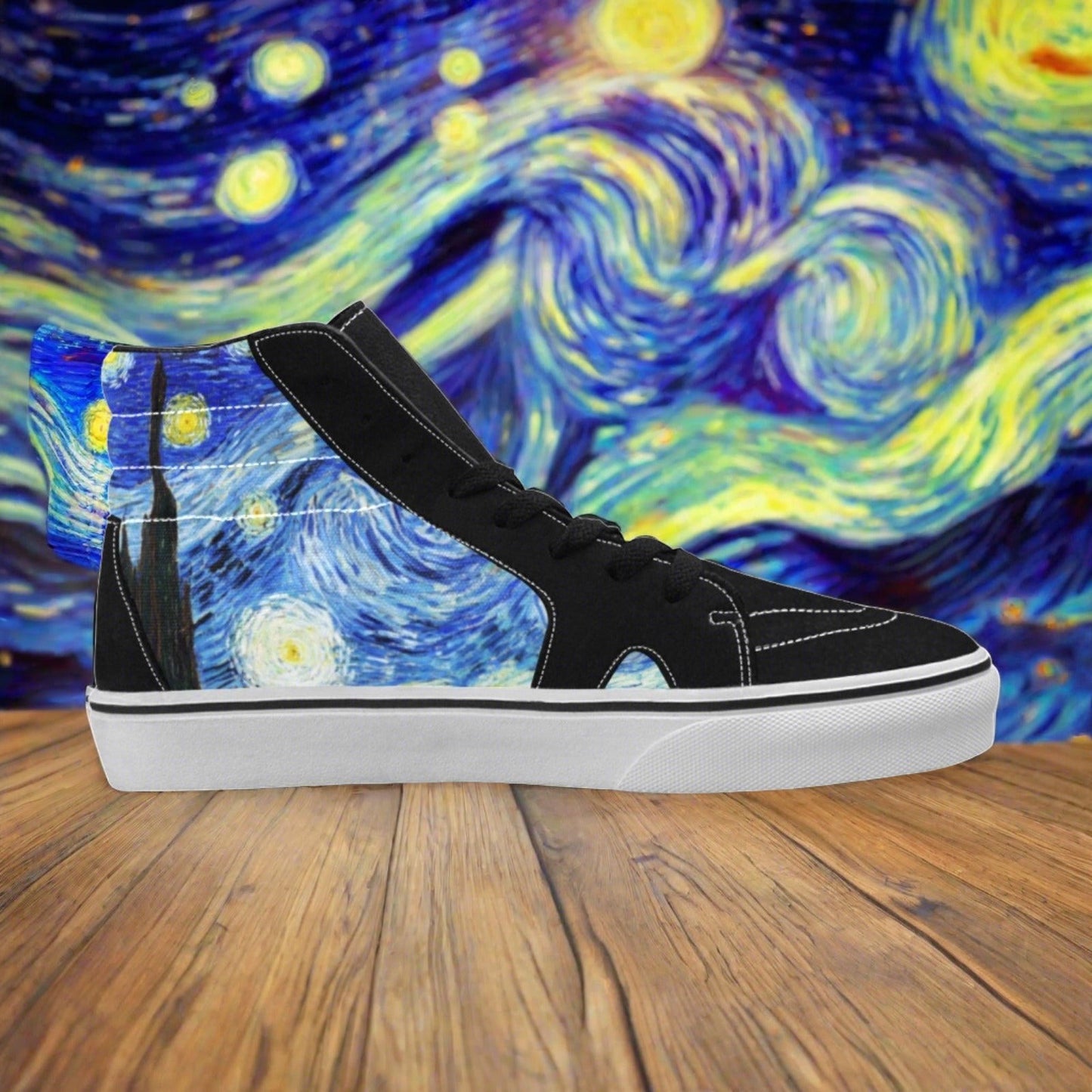 Men's Starry Night custom high-top canvas shoes — wearable art by Freaky Shoes