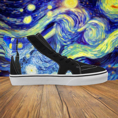 Men's Starry Night custom high-top canvas shoes — wearable art by Freaky Shoes