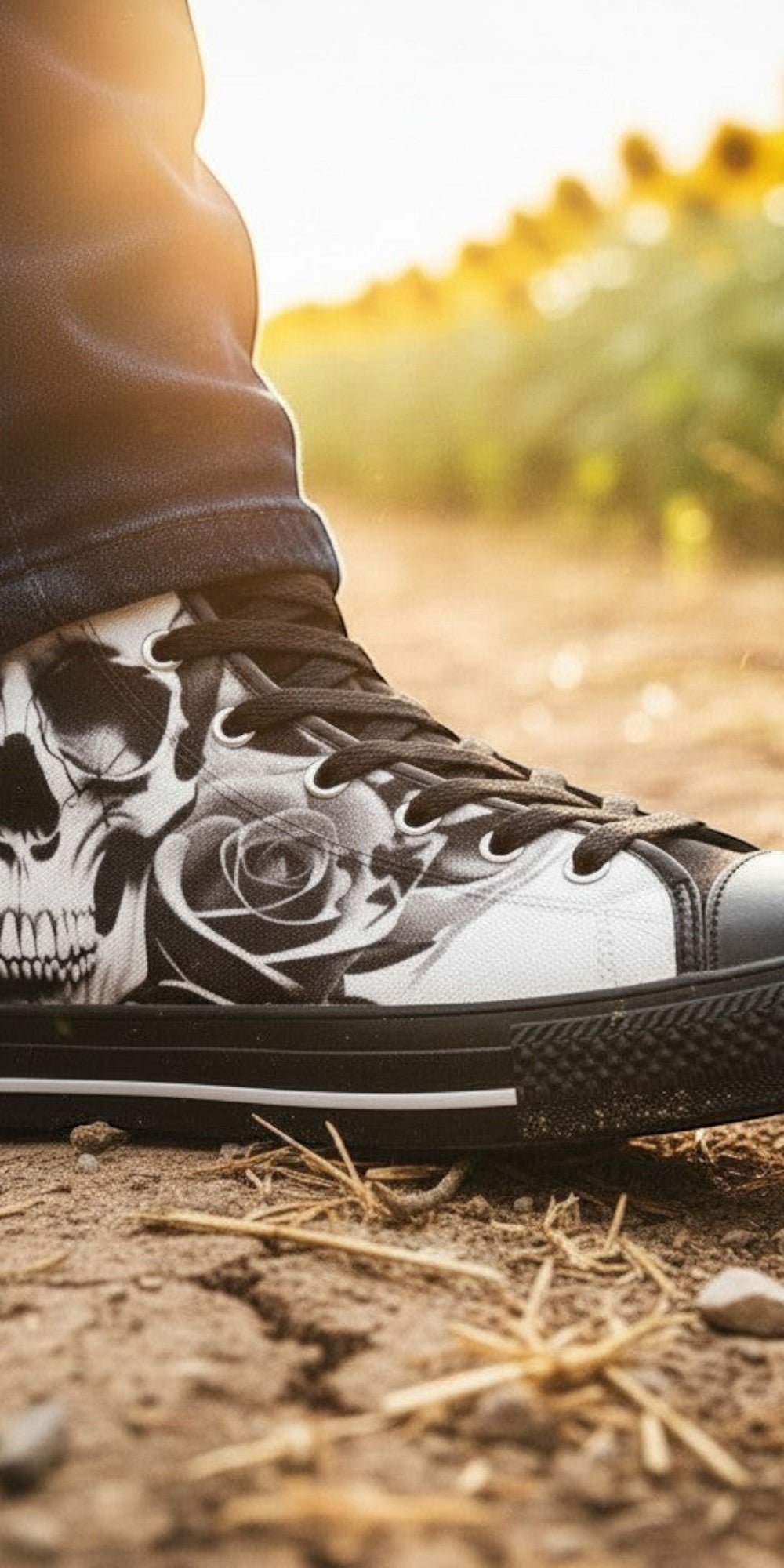 Men's Cartoon Skulls & Roses Black & White hand-made high-top canvas shoes — unique wearable art by Freaky Shoes