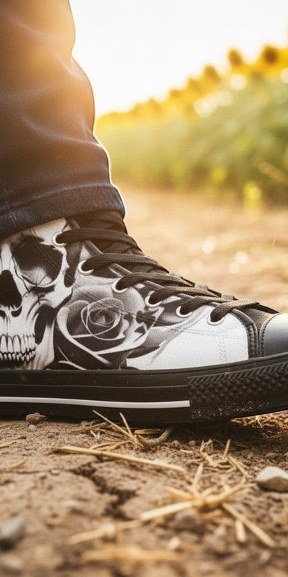 Men's Cartoon Skulls & Roses Black & White hand-made high-top canvas shoes — unique wearable art by Freaky Shoes