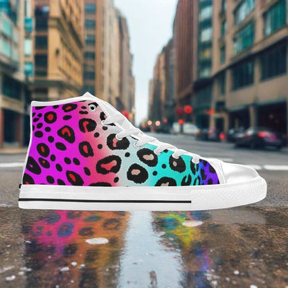 Custom Women's Colored Leopard Art high-top canvas shoes with bold all-over art — Freaky Shoes
