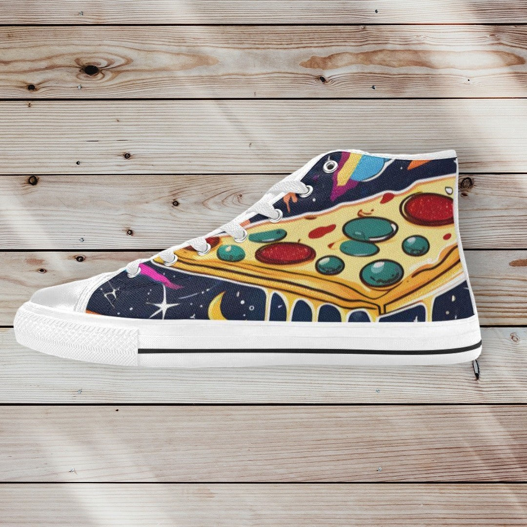 Women's Pizza Space high-top canvas shoes, custom full-wrap printed design — Freaky Shoes