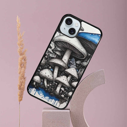 iPhone 15 Plus Case — Mushrooms General Black Blue Ink Mushrooms, Custom Art Phone Cover