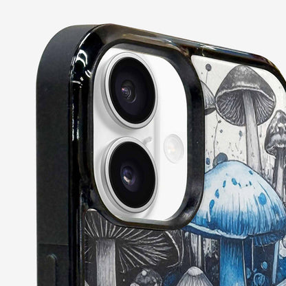 iPhone 16 Case — Mushrooms General Black Blue Ink Mushrooms, Custom Printed Phone Case