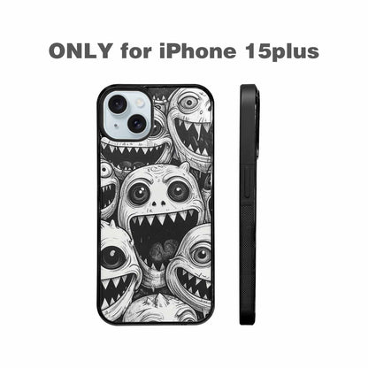 iPhone 15 Plus Case — Black And White Monster Face Collage, Personalized Phone Case