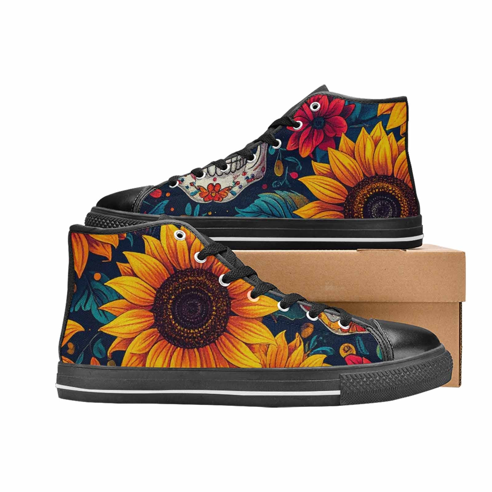 MEN'S Sunflower Skulls Print High Top Canvas Vibrant Chaos Custom Sneakers
