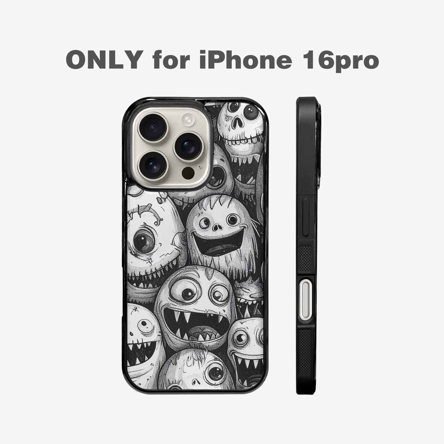 iPhone 16 Pro Case — Black And White Monster Face Collage, Custom Phone Case