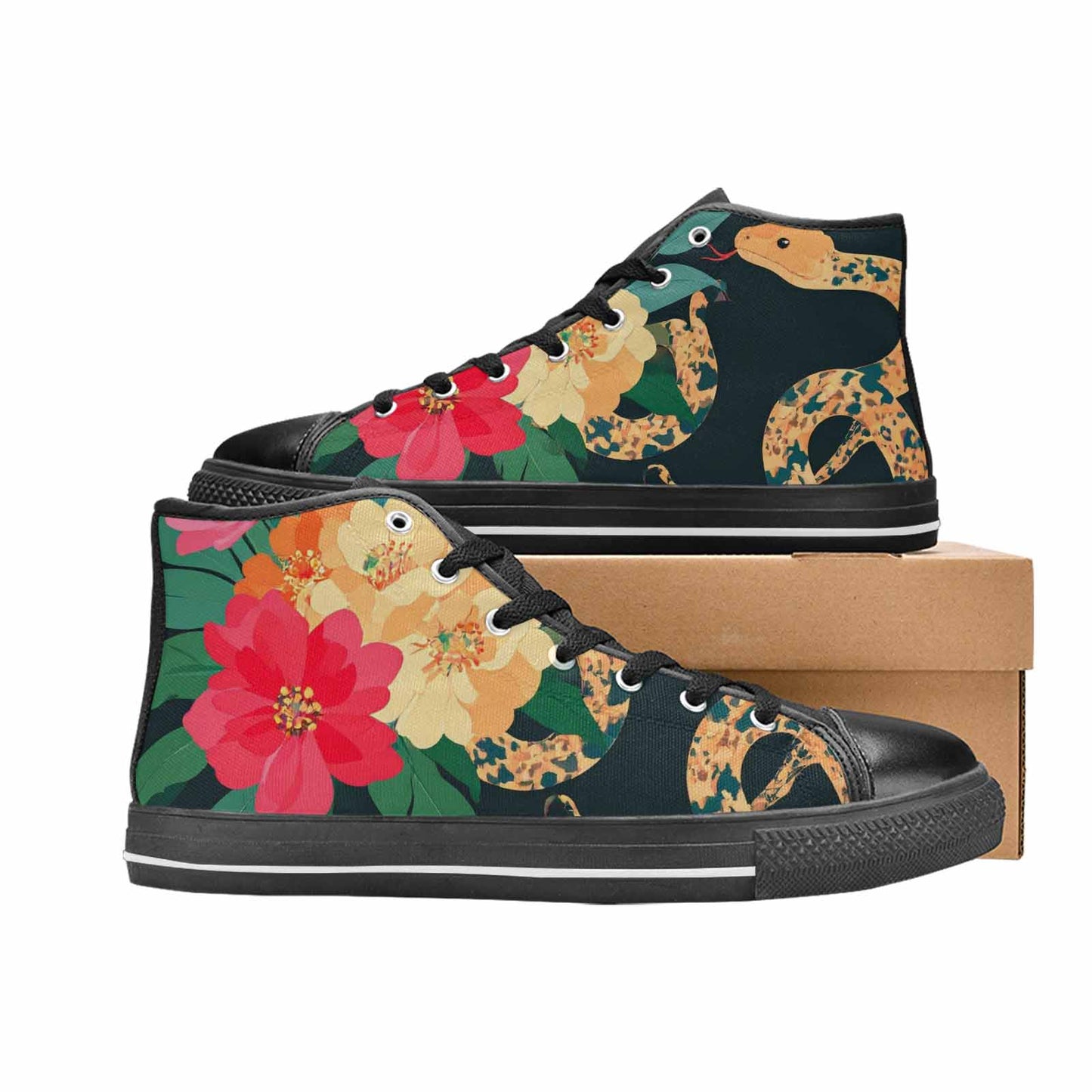 MEN'S Floral Snake Print High Top Canvas Wallpaper Art Custom Sneakers