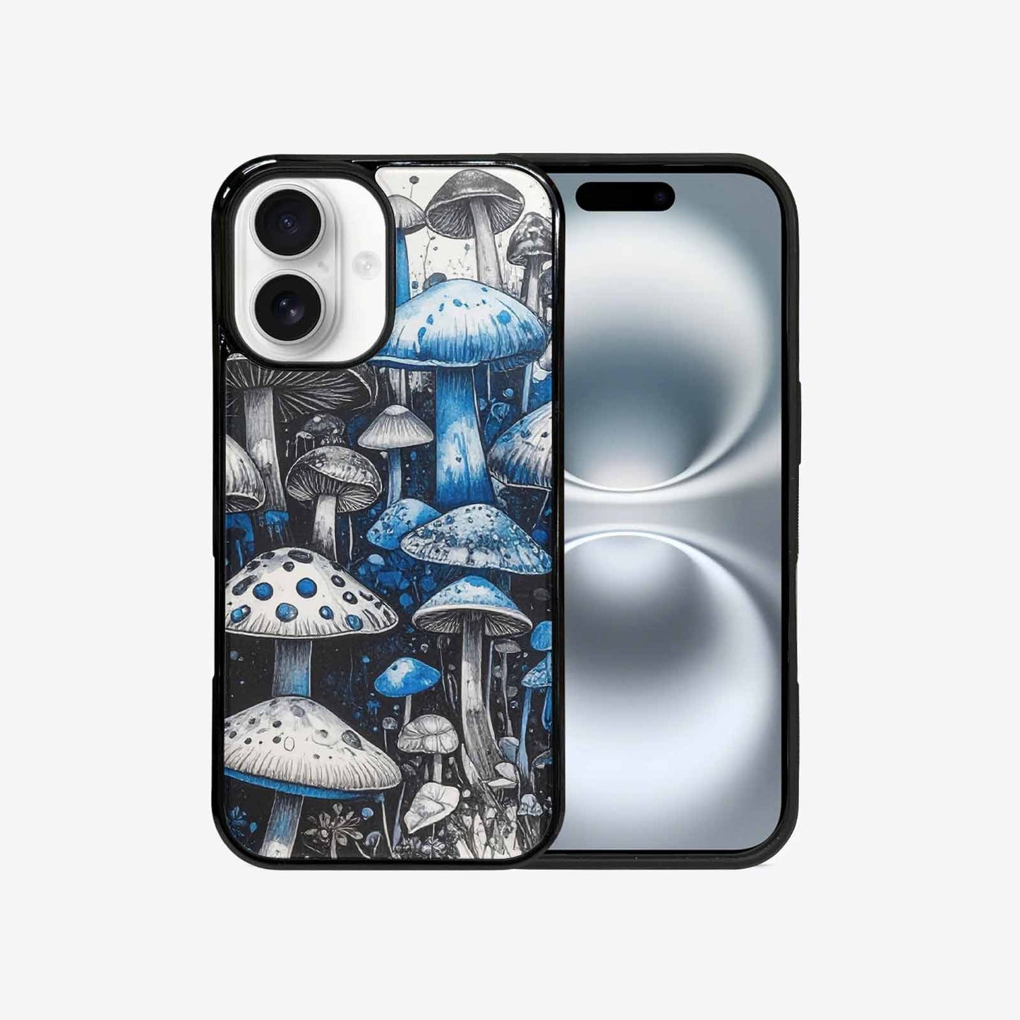 iPhone 16 Case — Mushrooms General Black Blue Ink Mushrooms, Custom Printed Phone Case