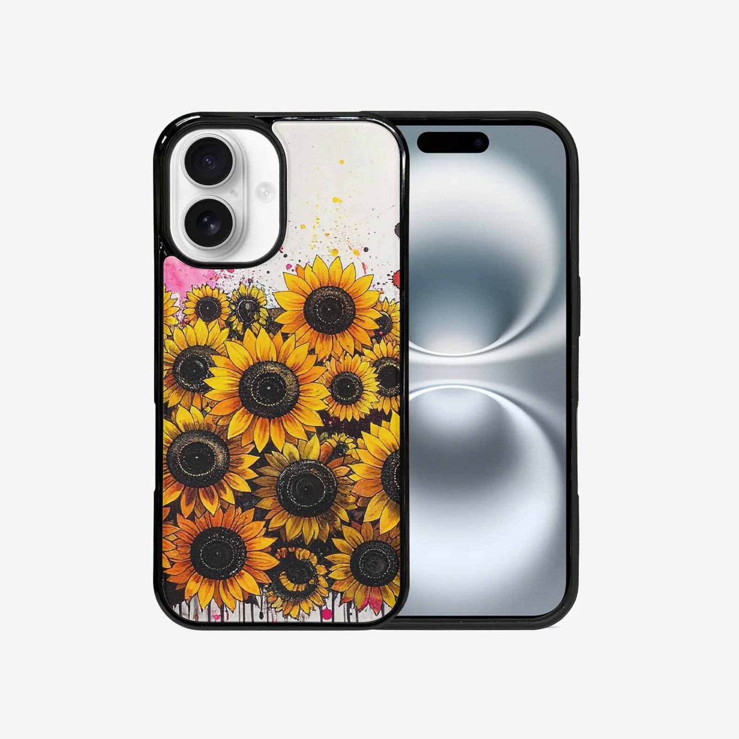 iPhone 16 Case — Sunflower Burst Black Pink Ink Sunflowers, Custom Made Phone Cover