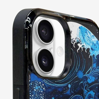 iPhone 16 Plus Case — Nautical Wave Black Blue Ink Wave, Original Design Phone Case