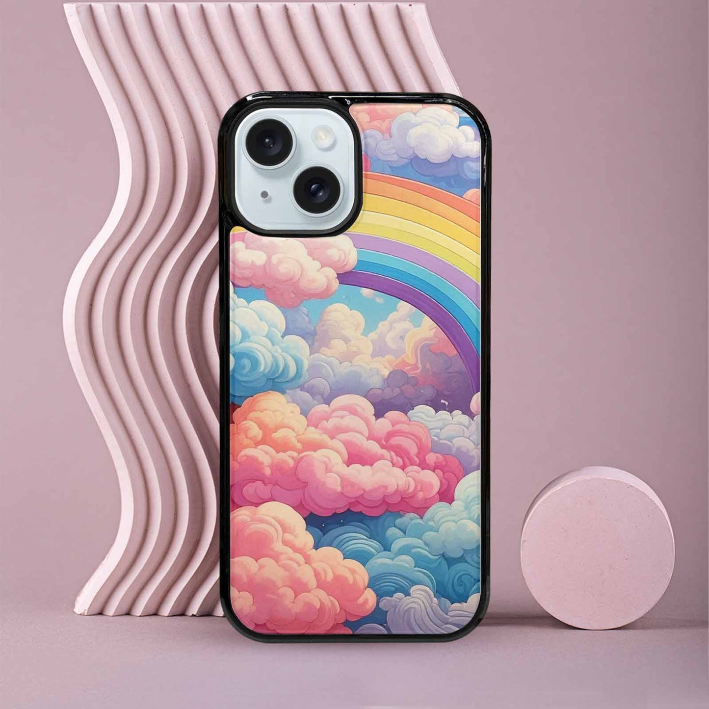 iPhone 15 Case — Cloud And Rainbow Burst Pattern Hundreds, Custom Art Phone Cover