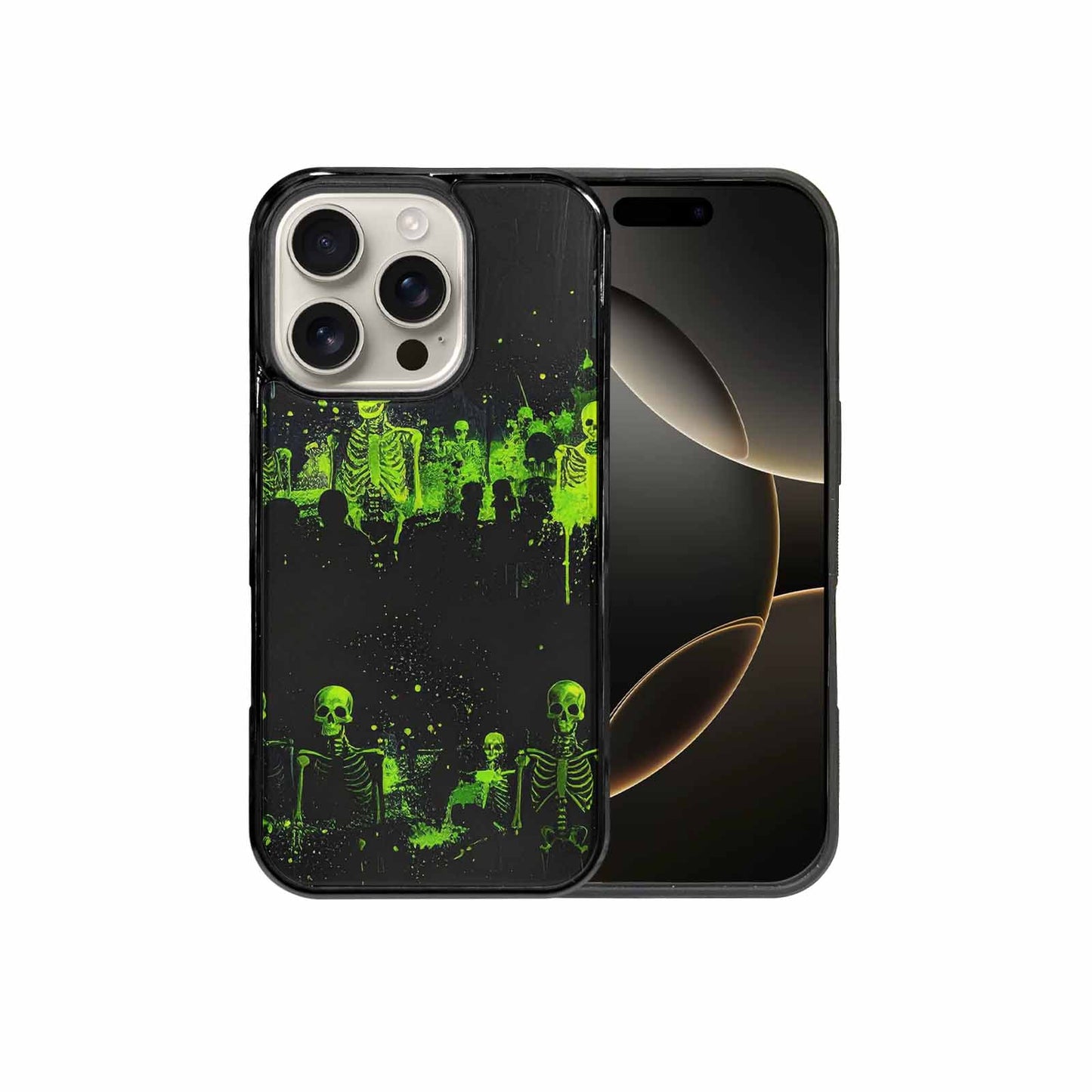 iPhone 16 Pro Case — Skeletons Neon Green Glow Skeletons Pattern, Personalized Phone Case