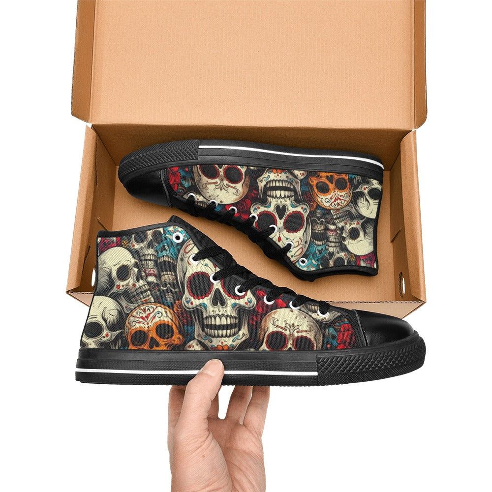 MEN'S Aggressive Halftone Sugar Skull High Top Canvas Vibrant Chaos Custom Sneakers