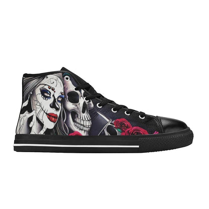Freaky Shoes custom art sneakers featuring sugar skull woman, skull, and red roses on black high-top canvas