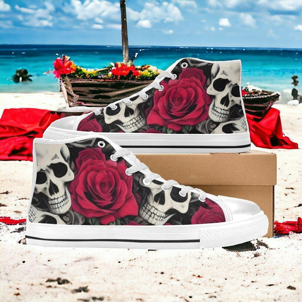 Women's Skulls & Roses custom high-top canvas shoes — wearable art by Freaky Shoes