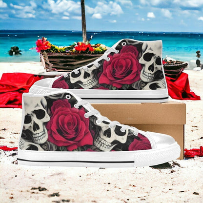 Women's Skulls & Roses custom high-top canvas shoes — wearable art by Freaky Shoes