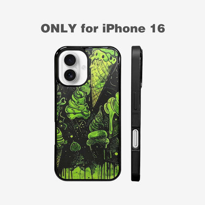 iPhone 16 Case — Ice Cream Motif Black Green Ink, Custom Art Phone Cover