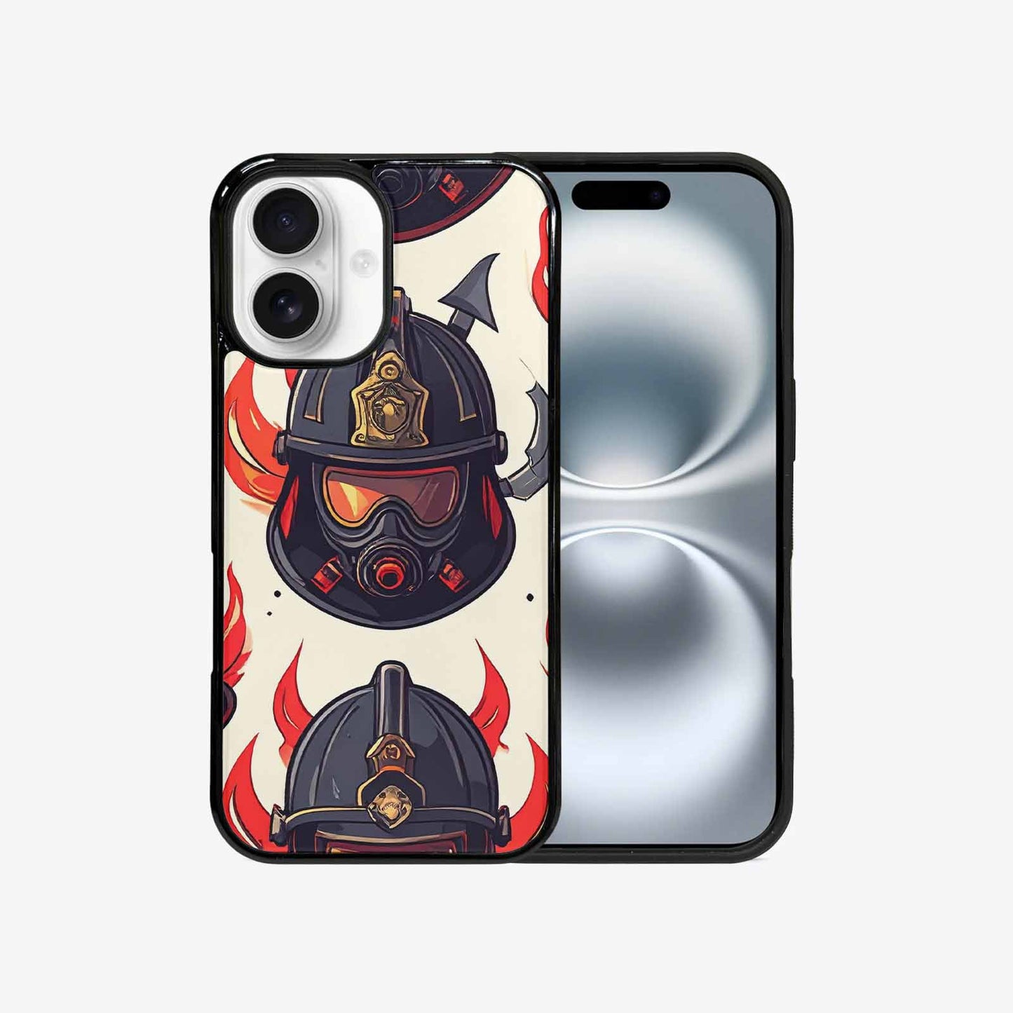 iPhone 16 Case — Firefighter Pattern Flames Axes Helmets Seamless, Customized Protective Case