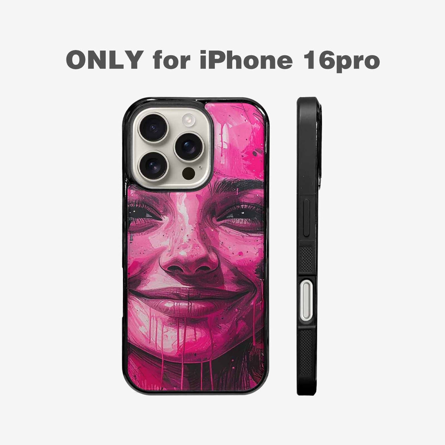 iPhone 16 Pro Case — Melting Moon Smiley Black Pink Ink, Customized Protective Case