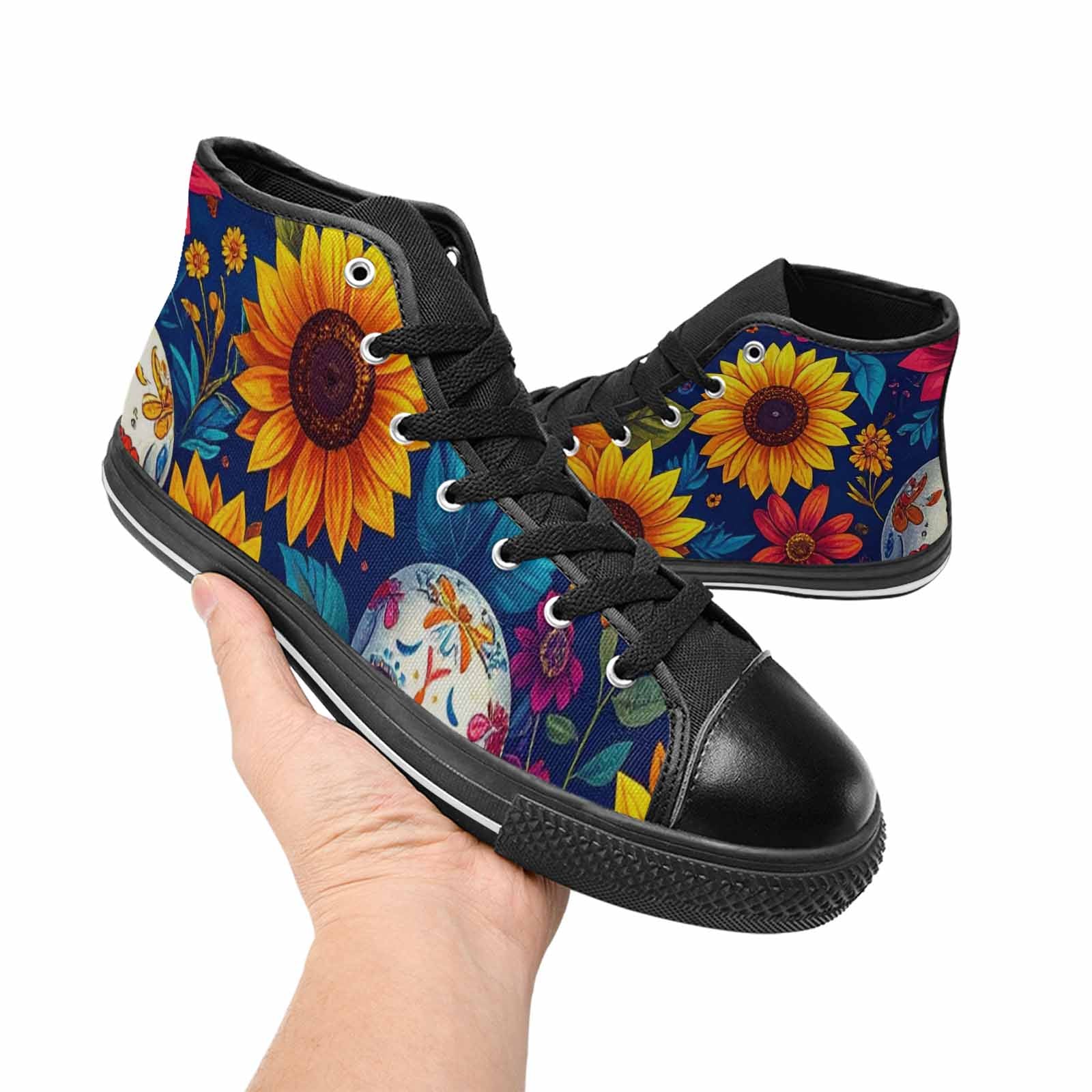 WOMEN'S Sunflower Skulls Print High Top Canvas Surreal Sneakers
