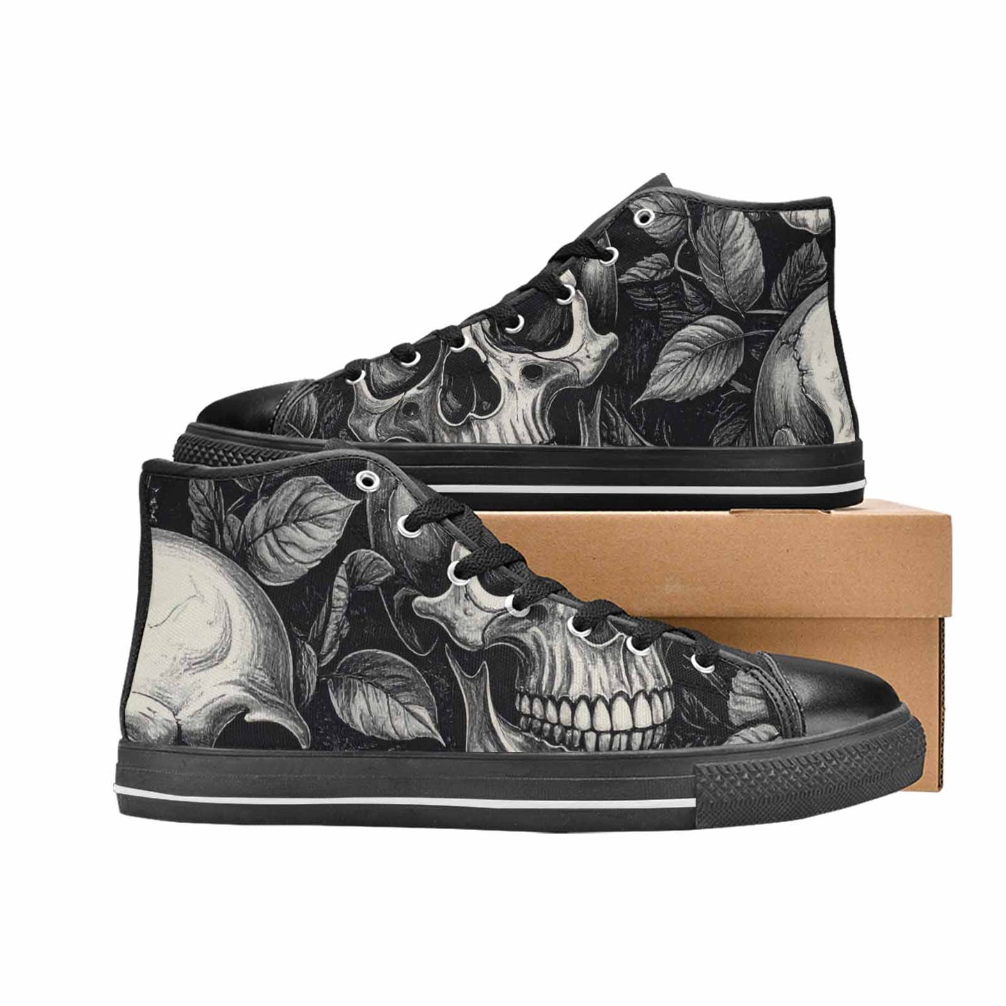 WOMEN'S Skulls Roses Black Ink High Top Canvas Vibrant Chaos Custom Sneakers