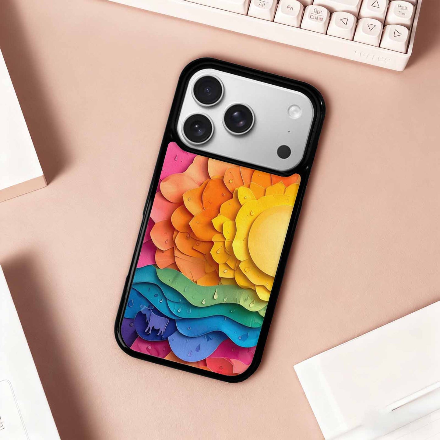 iPhone 17 Pro Case — Iridescent Cow Print Sun Original Art, Original Design Phone Case