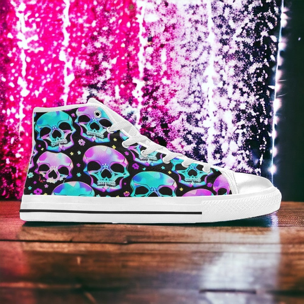 Men's Bright Skulls custom high-top canvas shoes — wearable art by Freaky Shoes