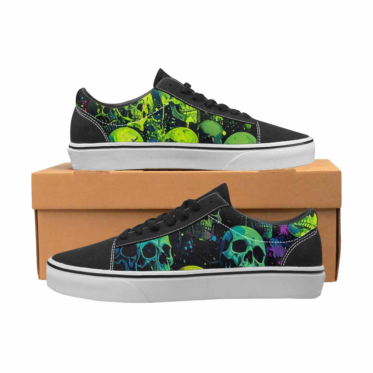 WOMEN'S Skeletons × Neon Green Lace-Up Canvas Melting Art Custom Sneakers